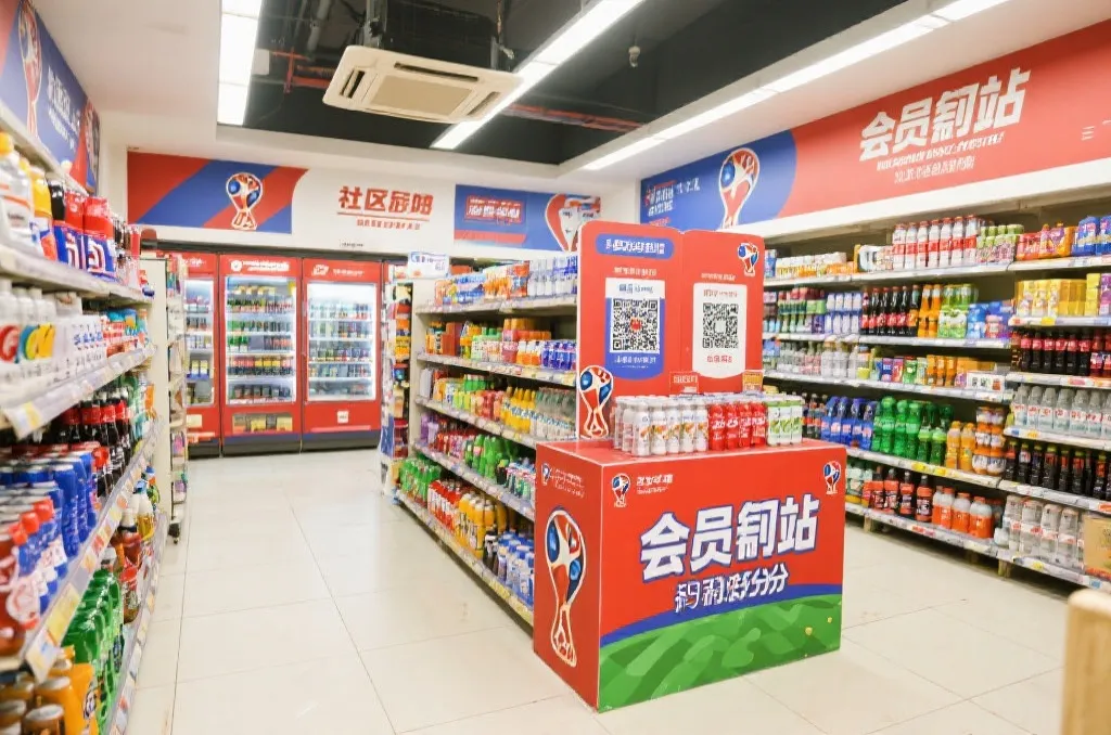超市门店内的世界杯主题补给站，会员扫码参与抽奖与积分兑换