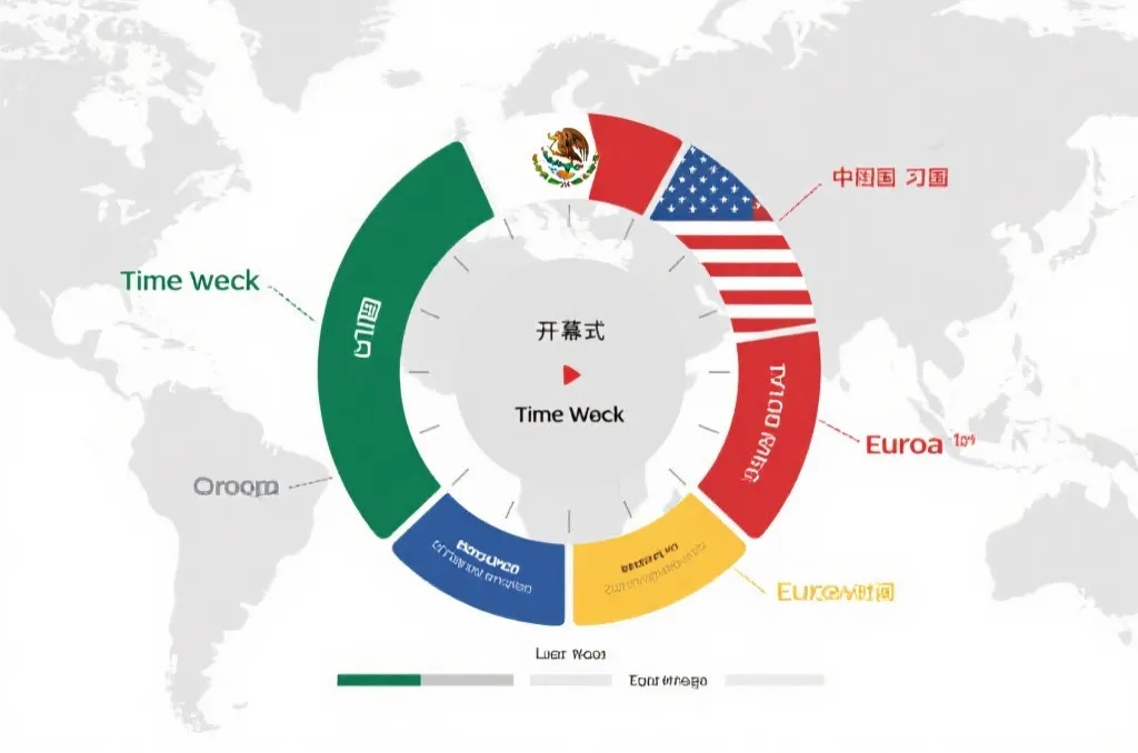 世界杯开幕式全球时间窗口示意图,展示墨西哥、中国、美国和欧洲的观看时段差异